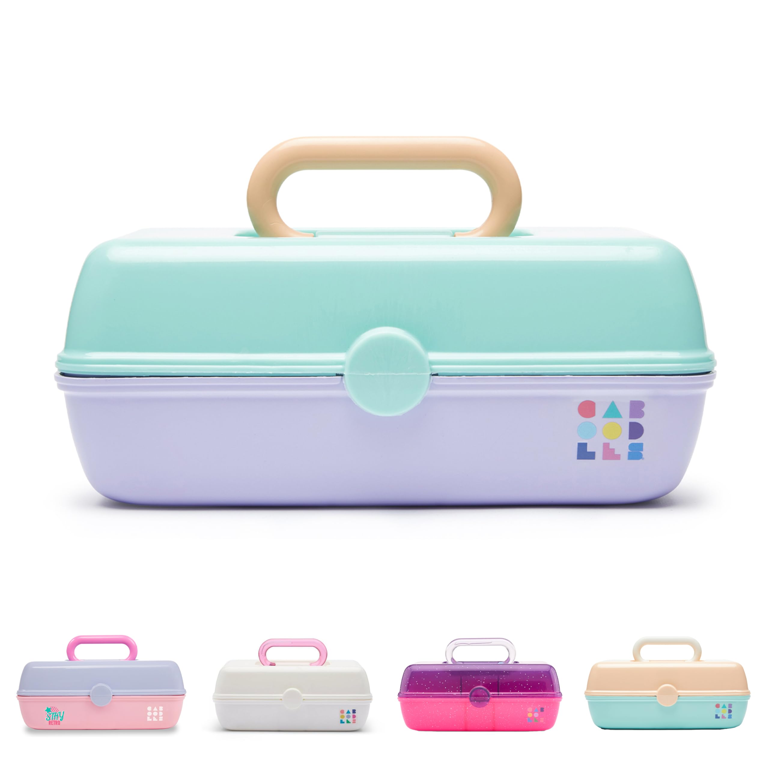 Caboodles Pretty in Petite étui maquillage vert d'eau et lavande, rangement compact et élégant.