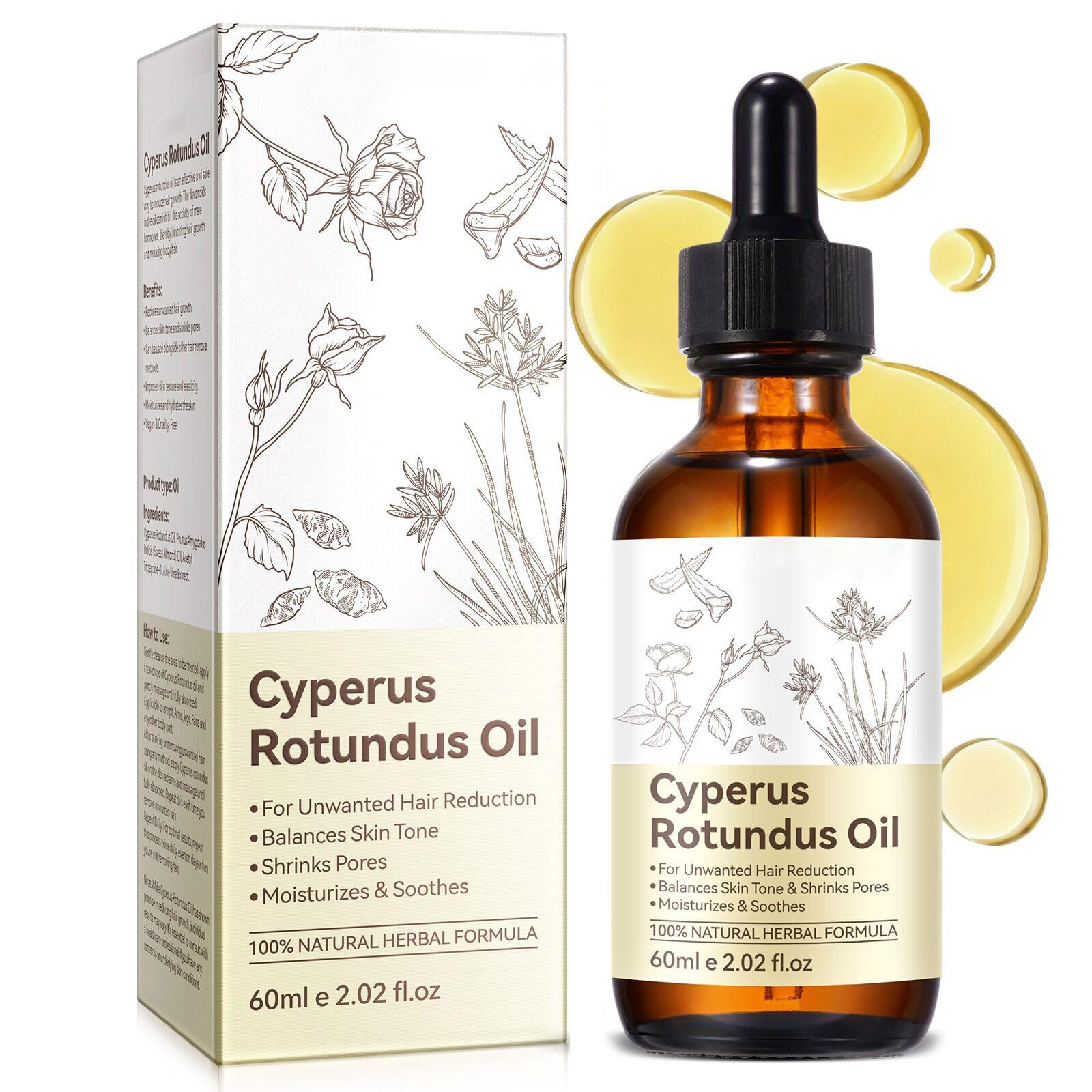 Huile Cacukn Cyperus Rotundus en flacon, prête à hydrater la peau.
