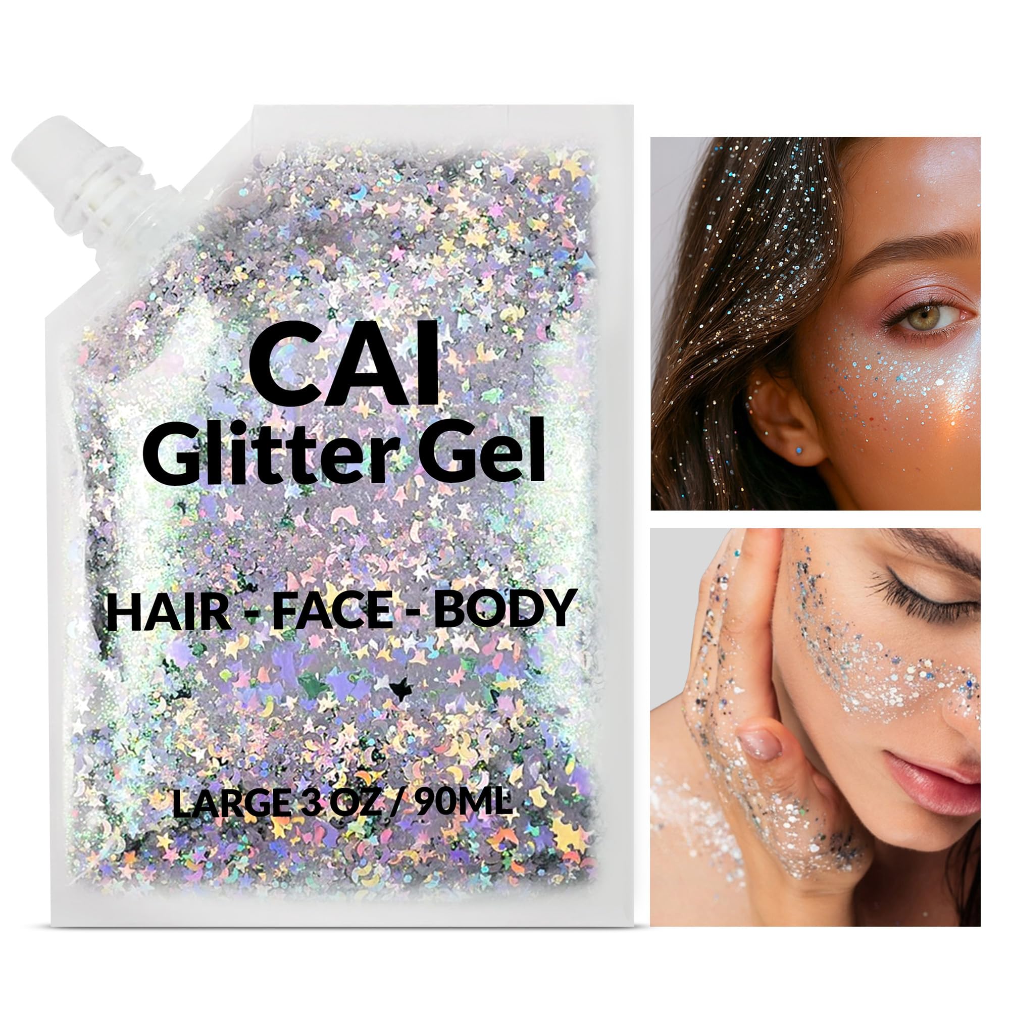 Gel paillettes cheveux CAI BEAUTY NYC pour brillance facile et rapide.