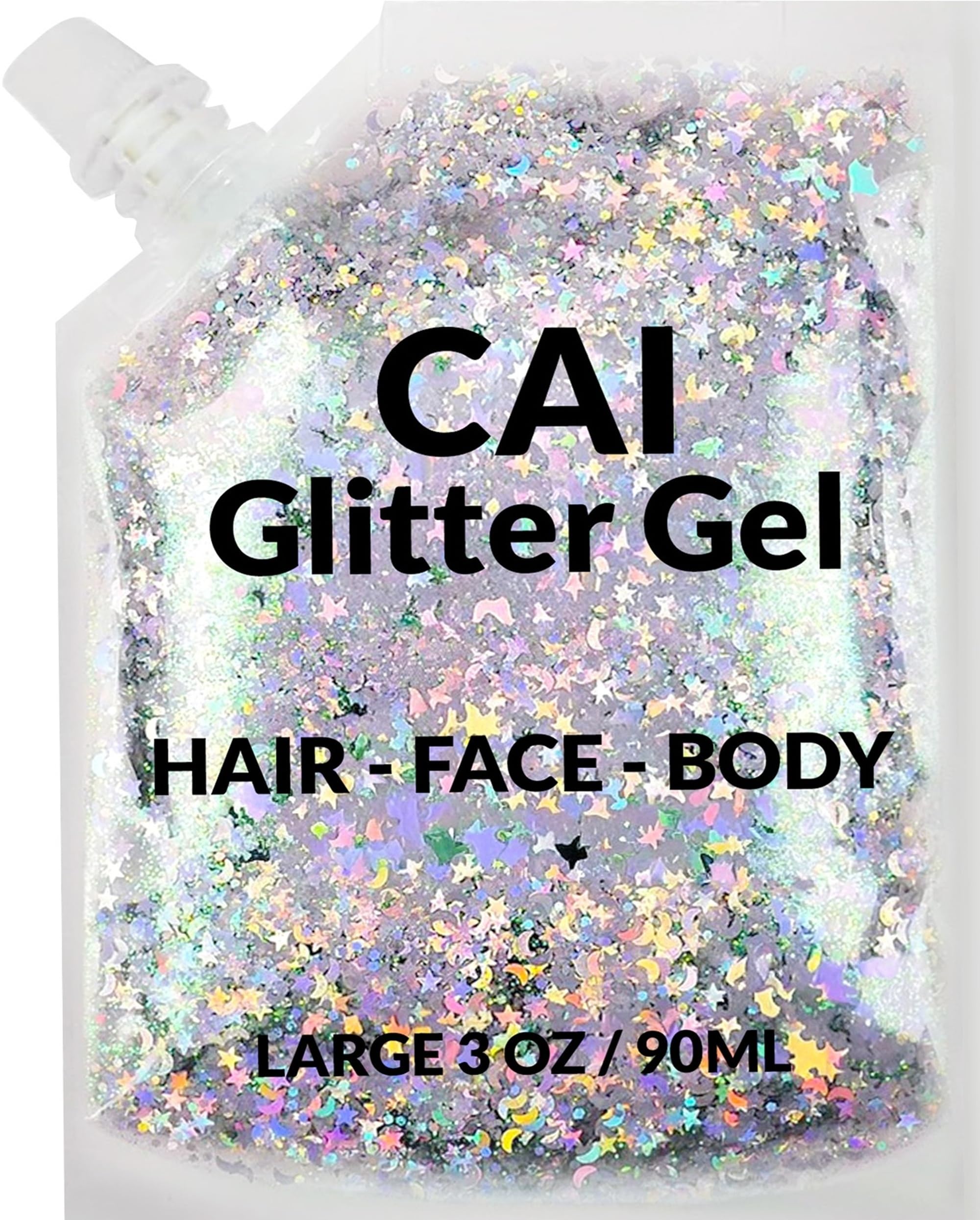 Gel paillettes visage CAI BEAUTY NYC avec lune et etoiles pour un éclat festif.