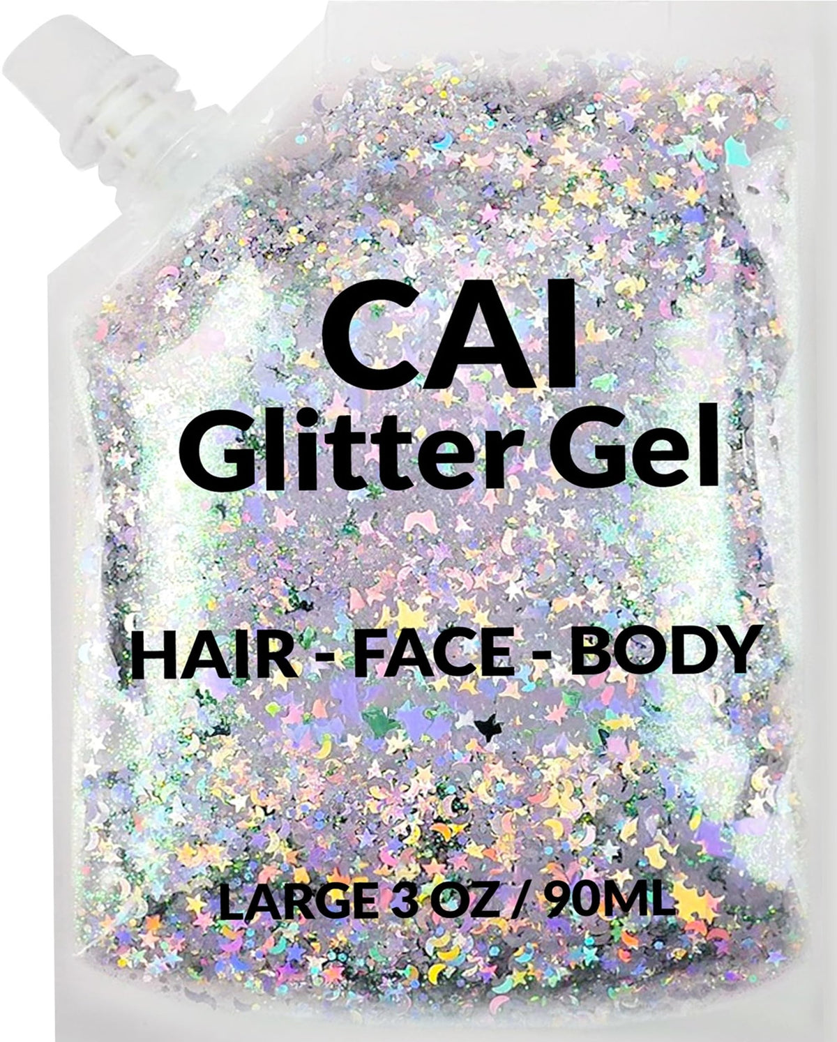 Gel paillettes visage CAI BEAUTY NYC avec lune et etoiles pour un éclat festif.