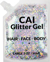 Gel paillettes visage CAI BEAUTY NYC avec lune et etoiles pour un éclat festif.