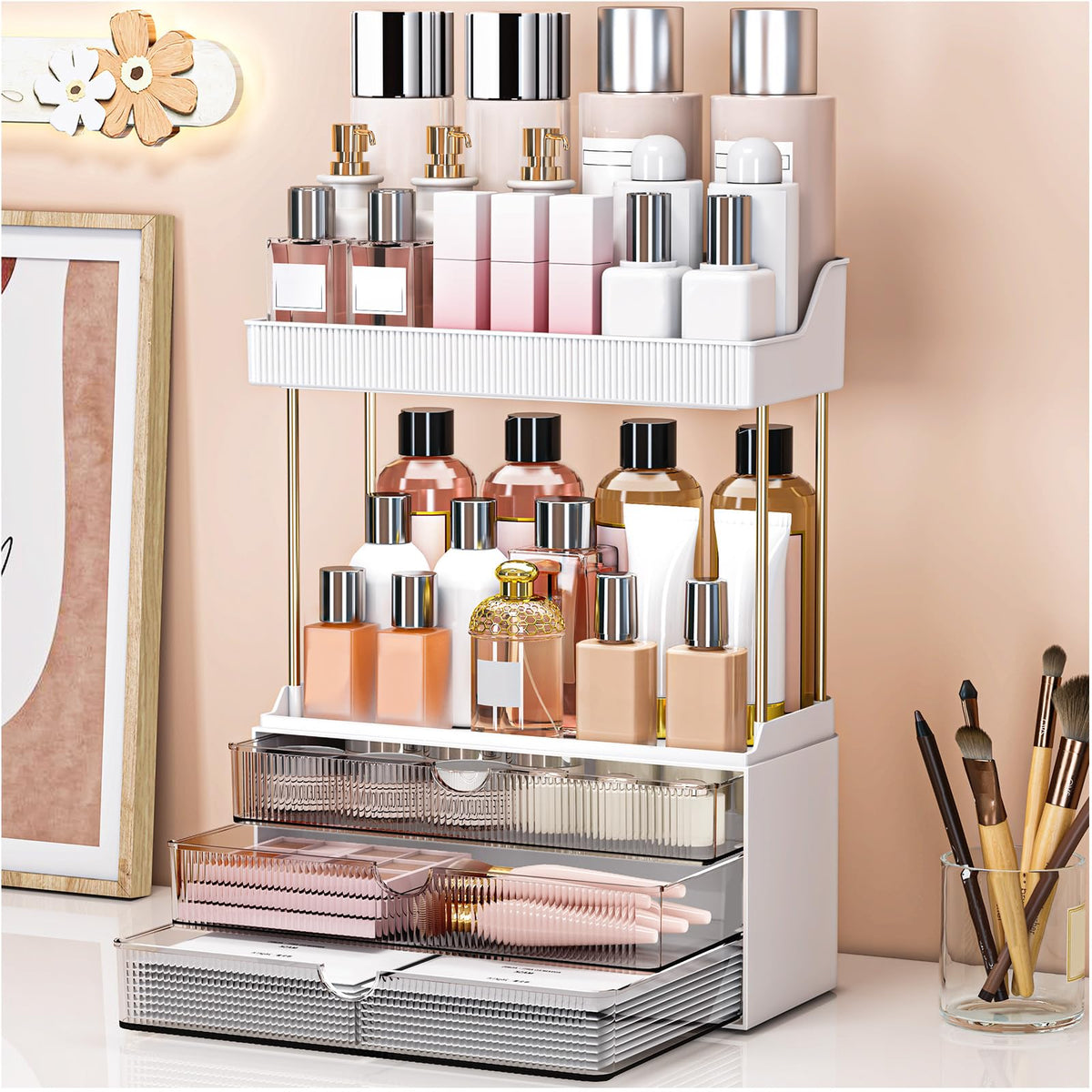 Organisateur caktraie avec 3 tiroirs et 2 niveaux gris pour un rangement pratique.