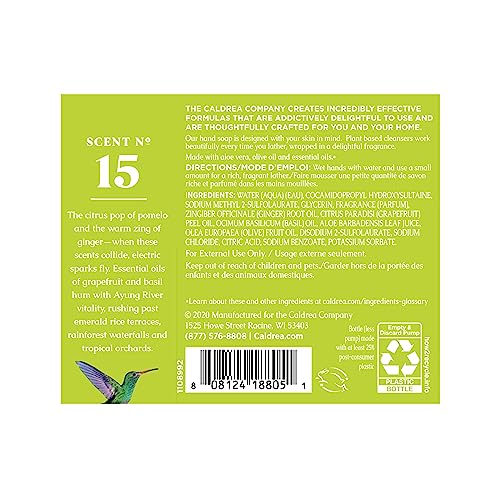 Détail de l’étiquette Caldrea Gingembre Pomelo, parfum vif et notes d'agrumes.