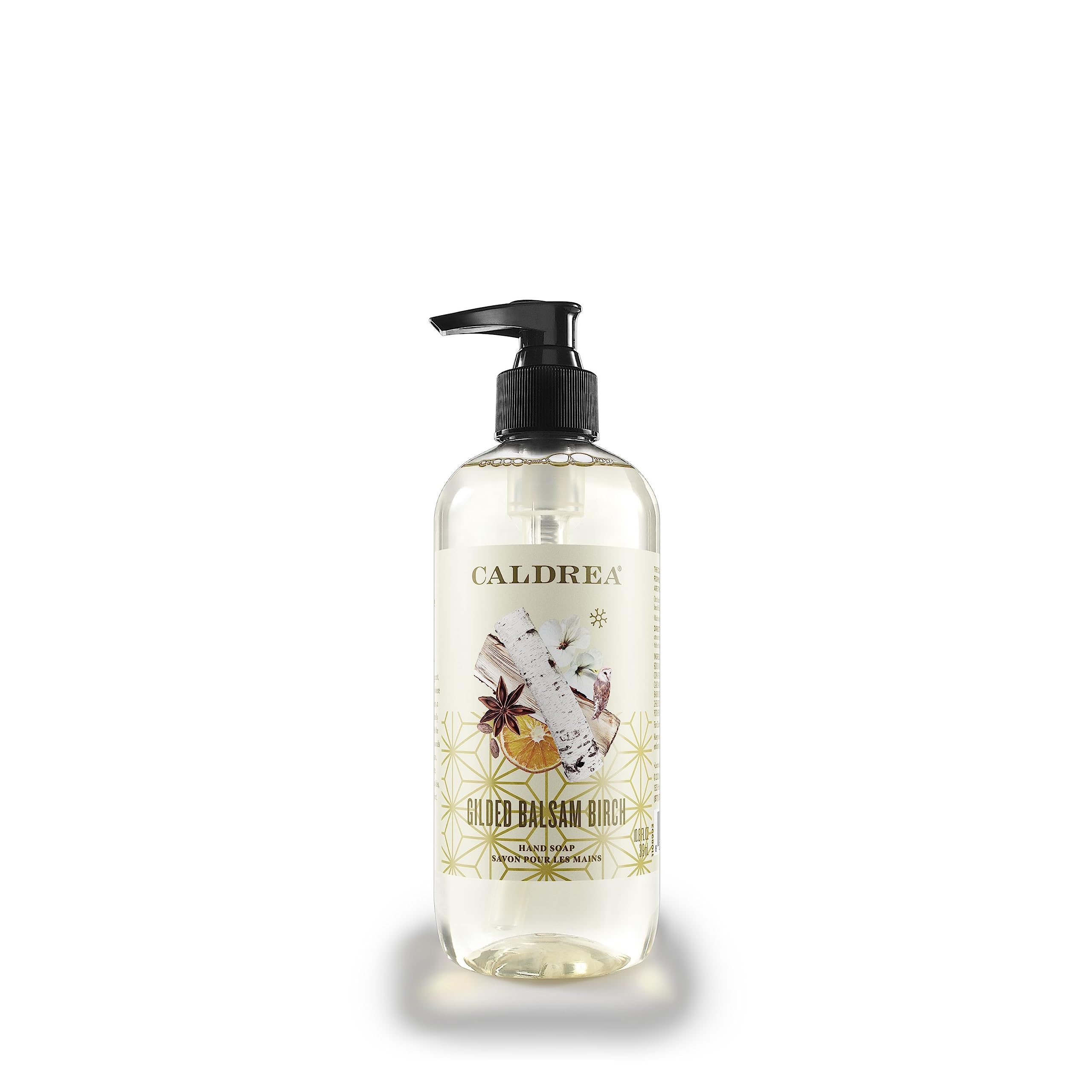 Savon pour les mains Caldrea Gilded Balsam Birch, bouteille élégante et parfum boisé