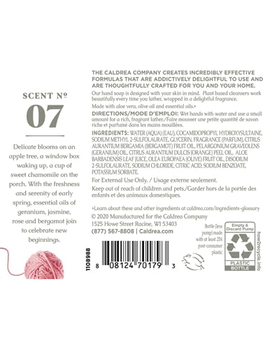 Caldrea Sweet Pea: etiquette-produit indiquant ingrédients naturels.