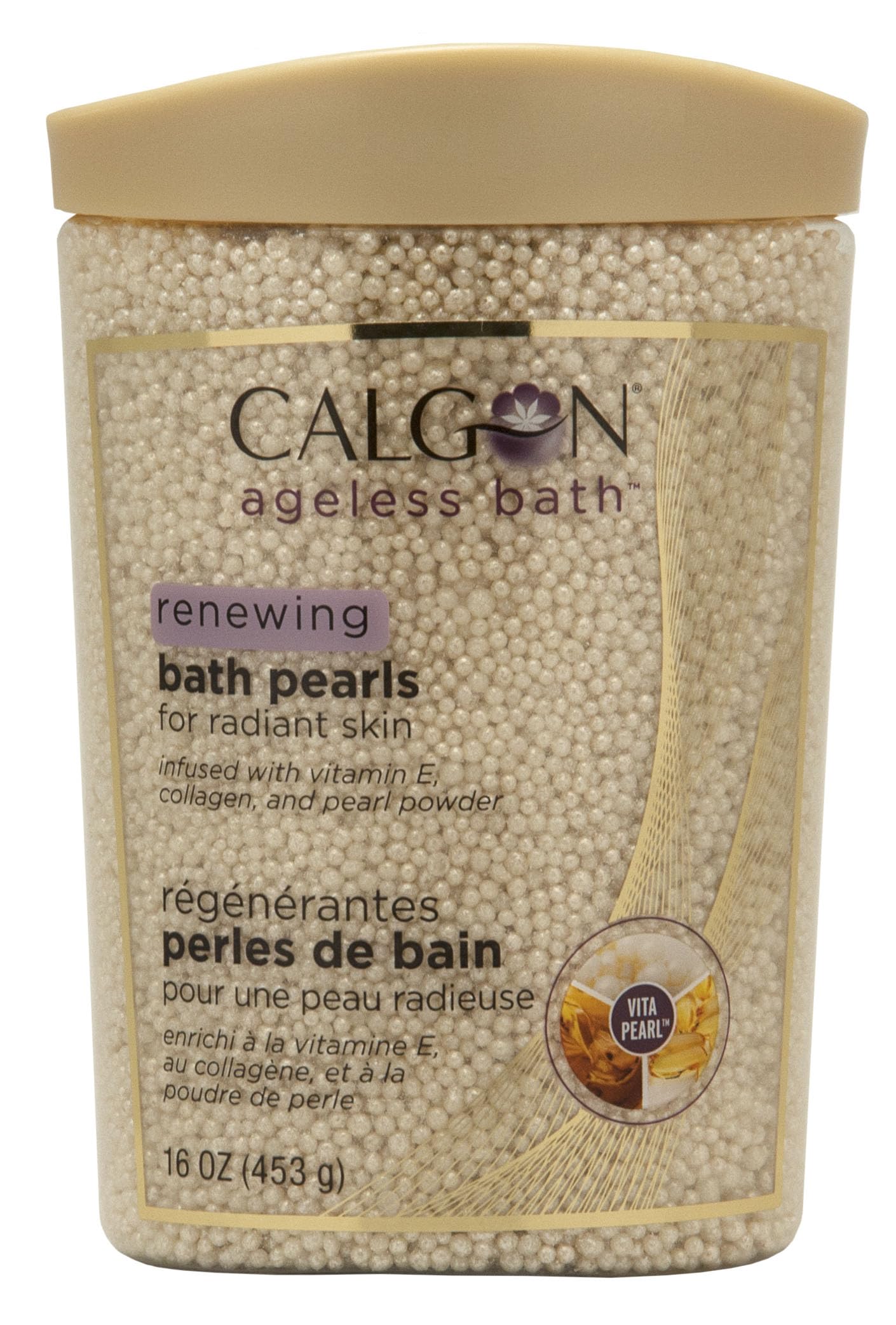 Calgon Ageless Renewing Pearls dans le bain, expérience luxueuse et hydratante.