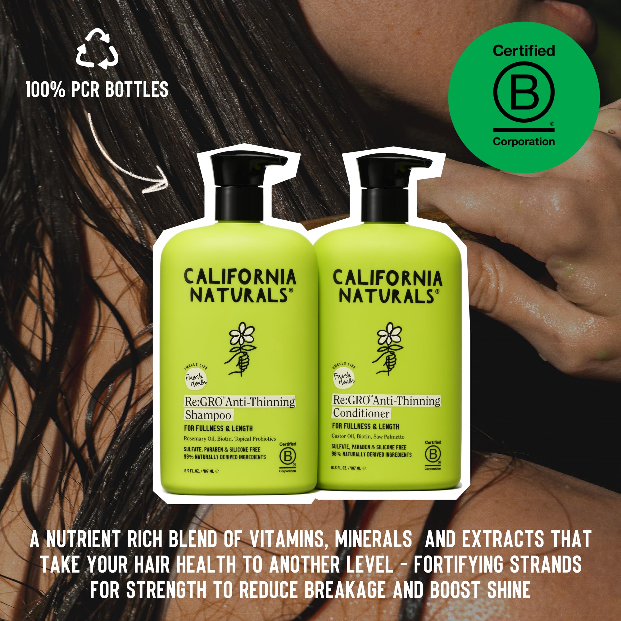 Biotine et caféine dans California Naturals Re:GRO; soutiennent les cheveux forts et résistants.