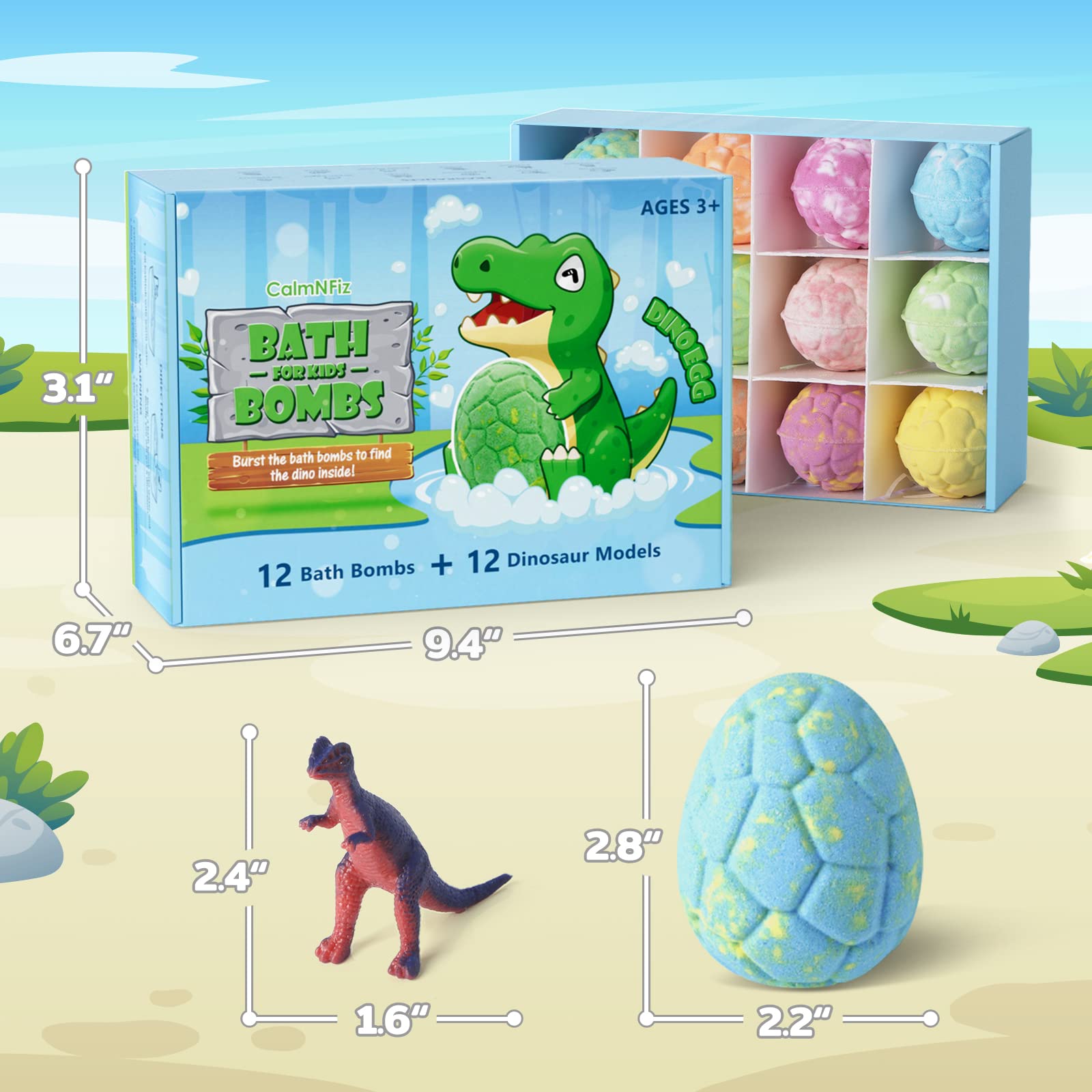 CalmNFiz bombe bain Dino mousse colorée et eau scintillante.