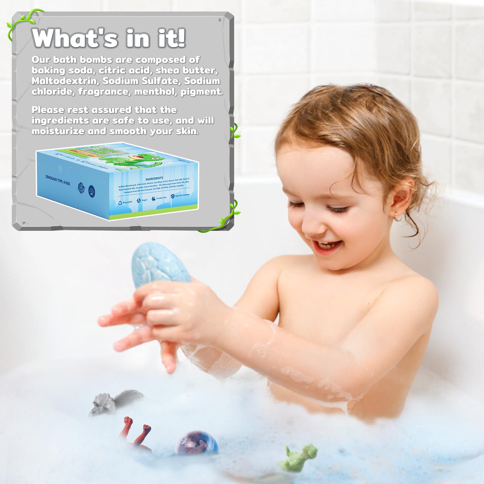 Coffret CalmNFiz 12 bombes bain Dino avec surprises variées.