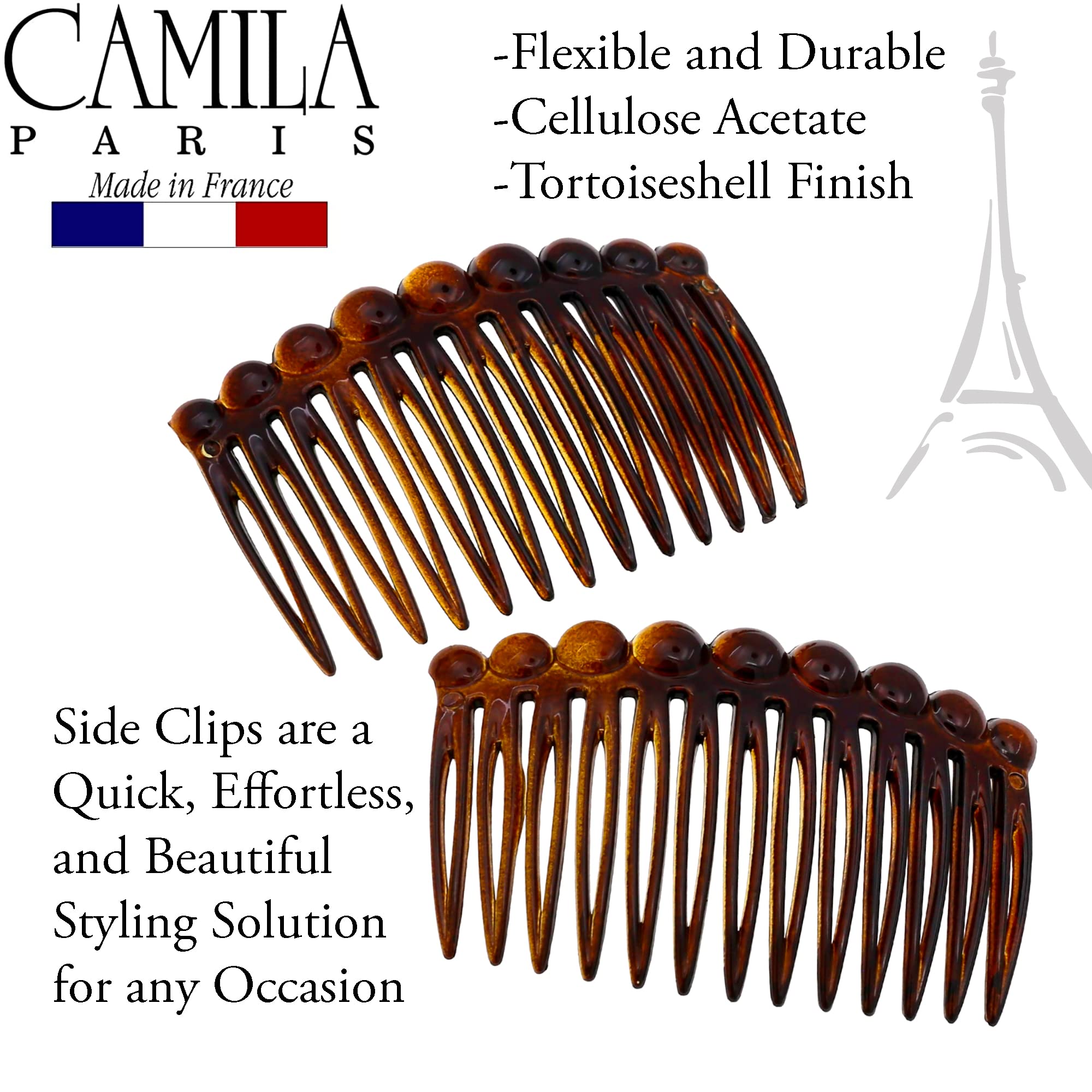 Camila Paris CP33/2—peigne tortue, matériau acetate durable pour longévité et confort.