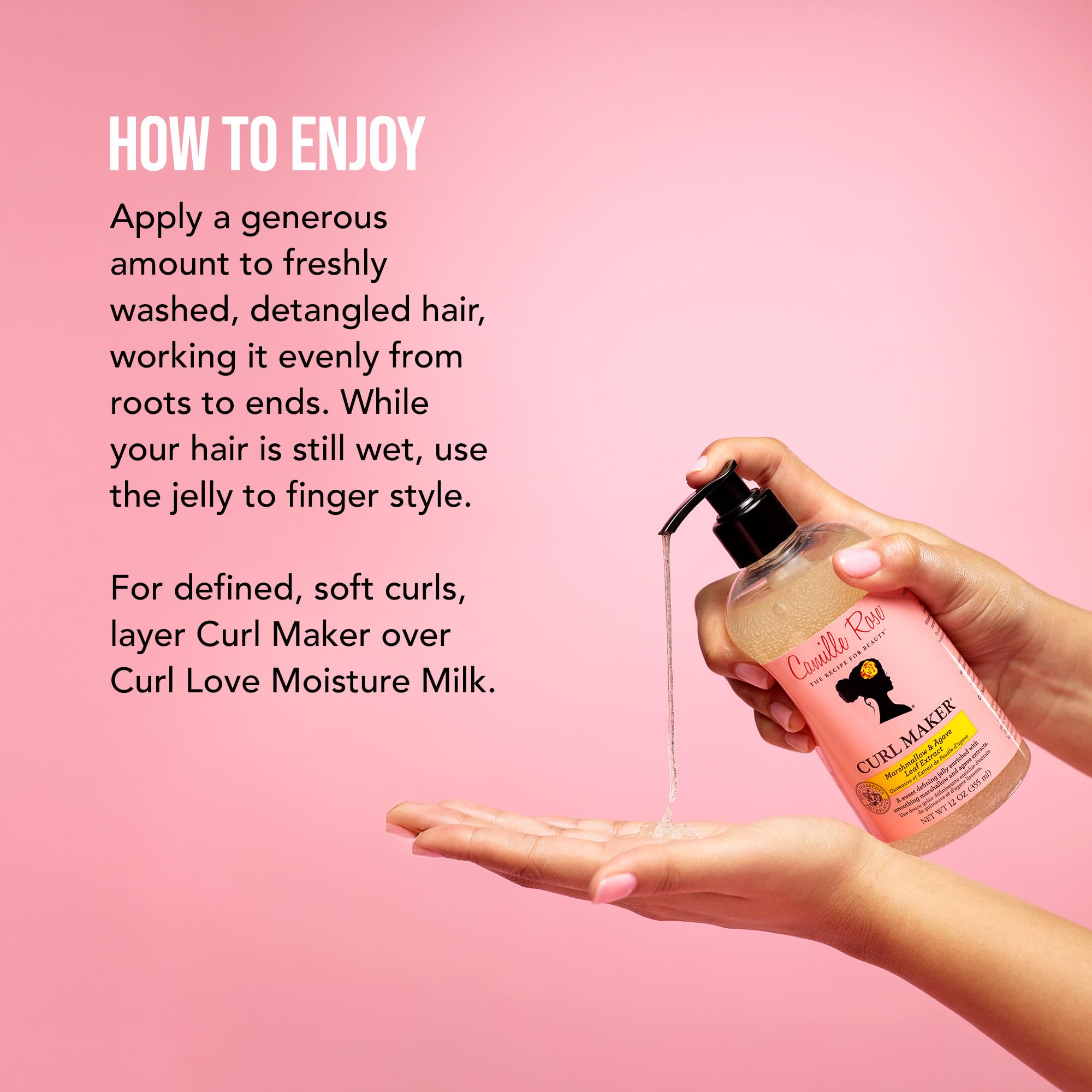 Camille Rose Curl Maker – texture gel légère offrant définition sans lourdeur ni résidu collant.