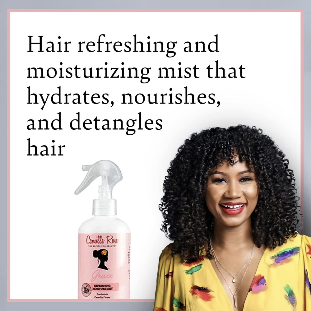 Camille Rose Grace brume rafraîchissante, application sur cheveux, démêlage facilité.