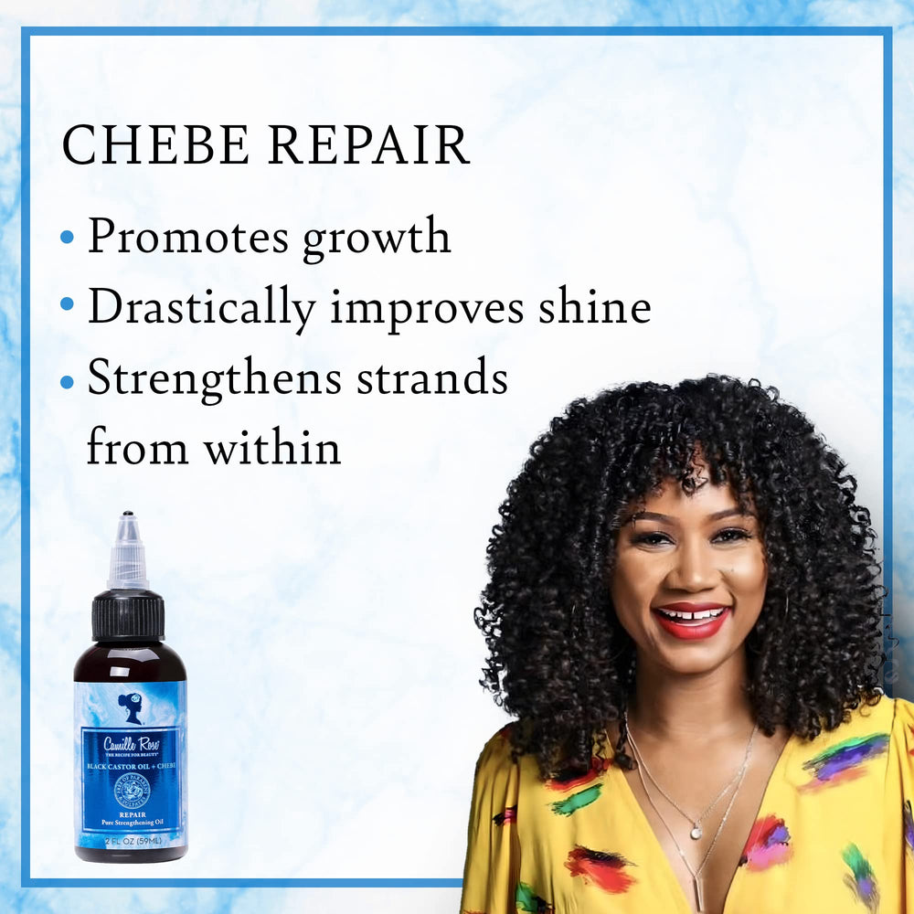 Camille Rose huile ricin noir Chebe, idéale avec shampoing et après-shampooing Camille Rose.