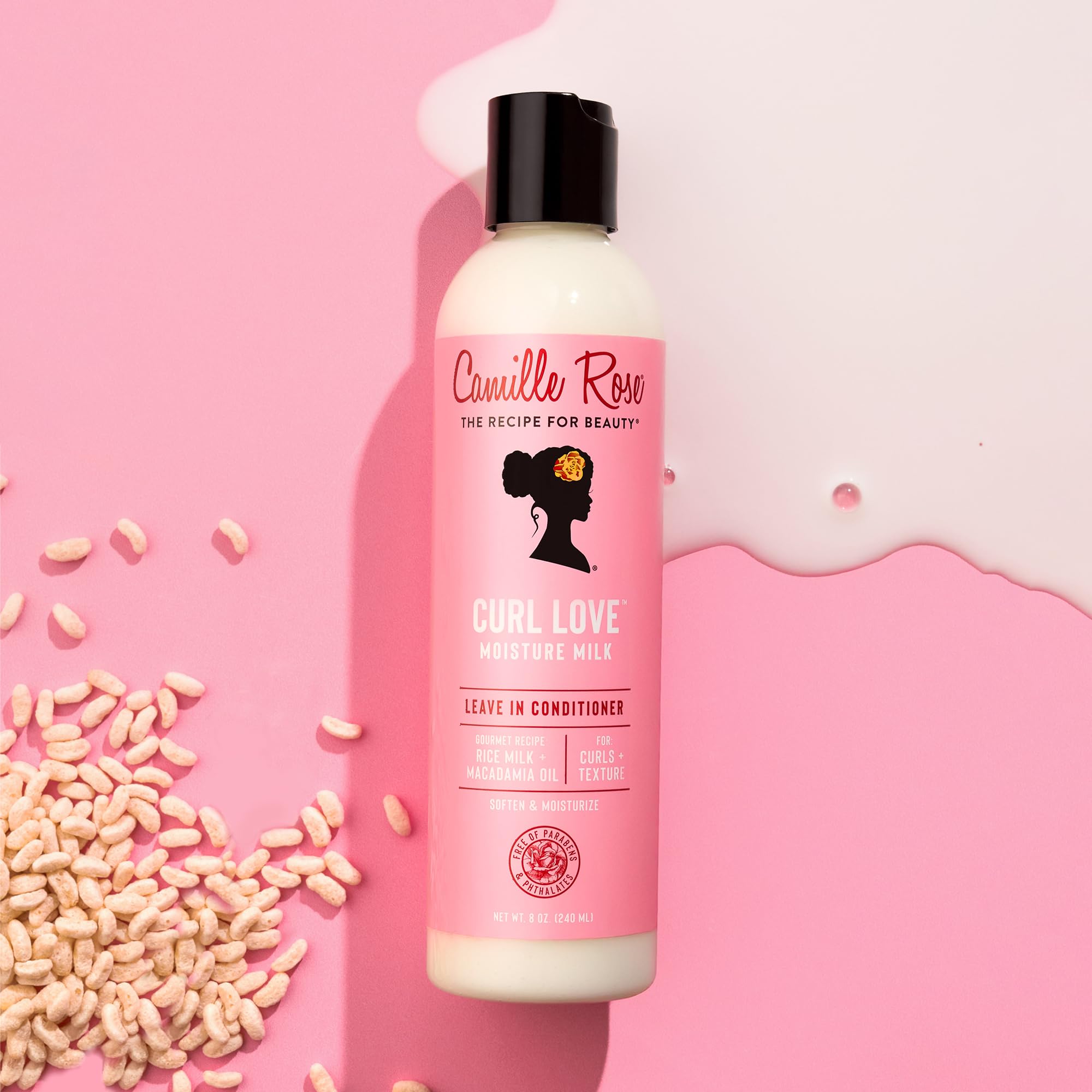 Camille Rose Lait Sans Rinçage huiles nourrissantes : cheveux plus forts et souples.