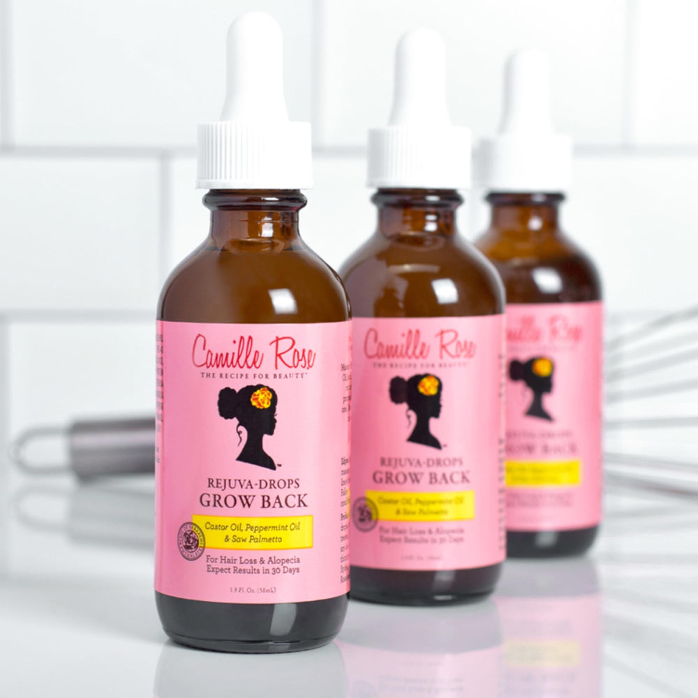 Camille Rose Rejuva Grow: infusion menthe pour fraîcheur et oxygénation du cuir chevelu.