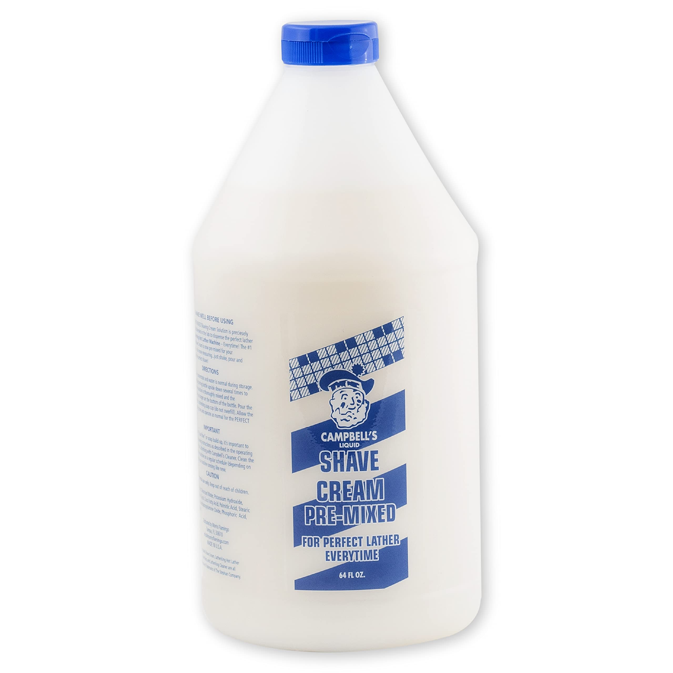 Crème Campbell’s pré-mélangée dans une bouteille 64 oz pour un rasage rapide et fluide.