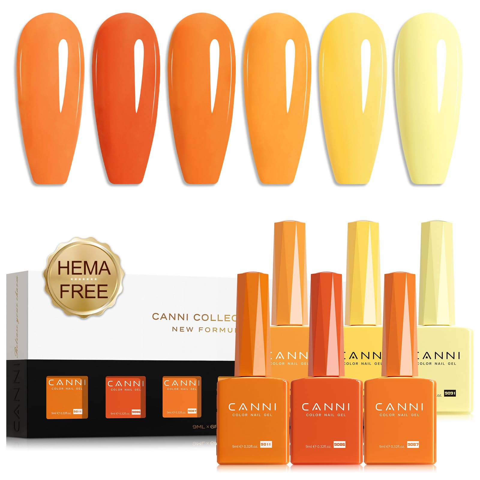 CANNI vernis gel Orange, set de couleurs avec bouteilles designées pour voir la teinte exacte
