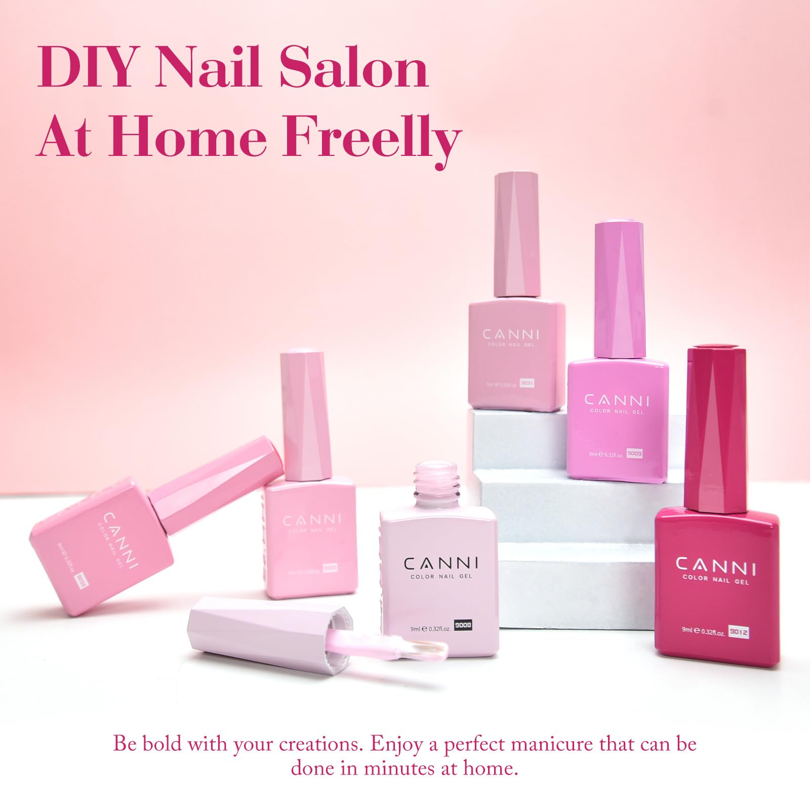 CANNI pink gel nail polish soft rose bottle close-up with smooth application at home.