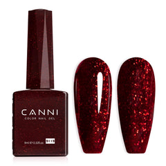 Vernis gel CANNI bordeaux foncé scintillant, flacon couleur fidèle pour une couleur exacte.
