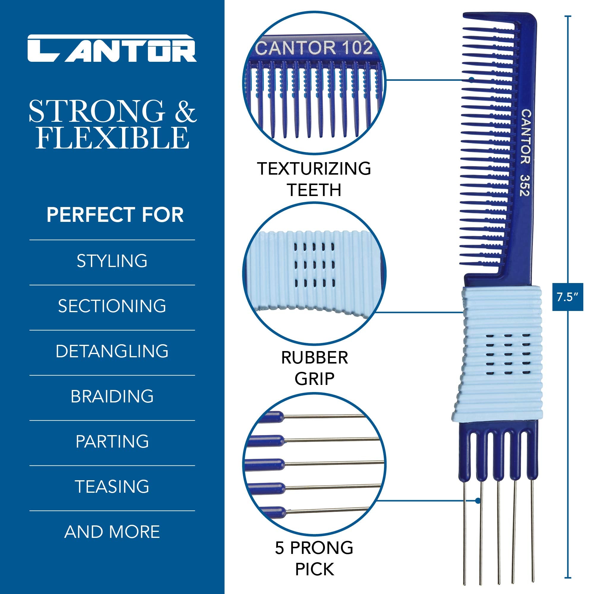 Cantor Lift: peigne-demelant 5 dents en acier inoxydable pour démêlage en douceur.