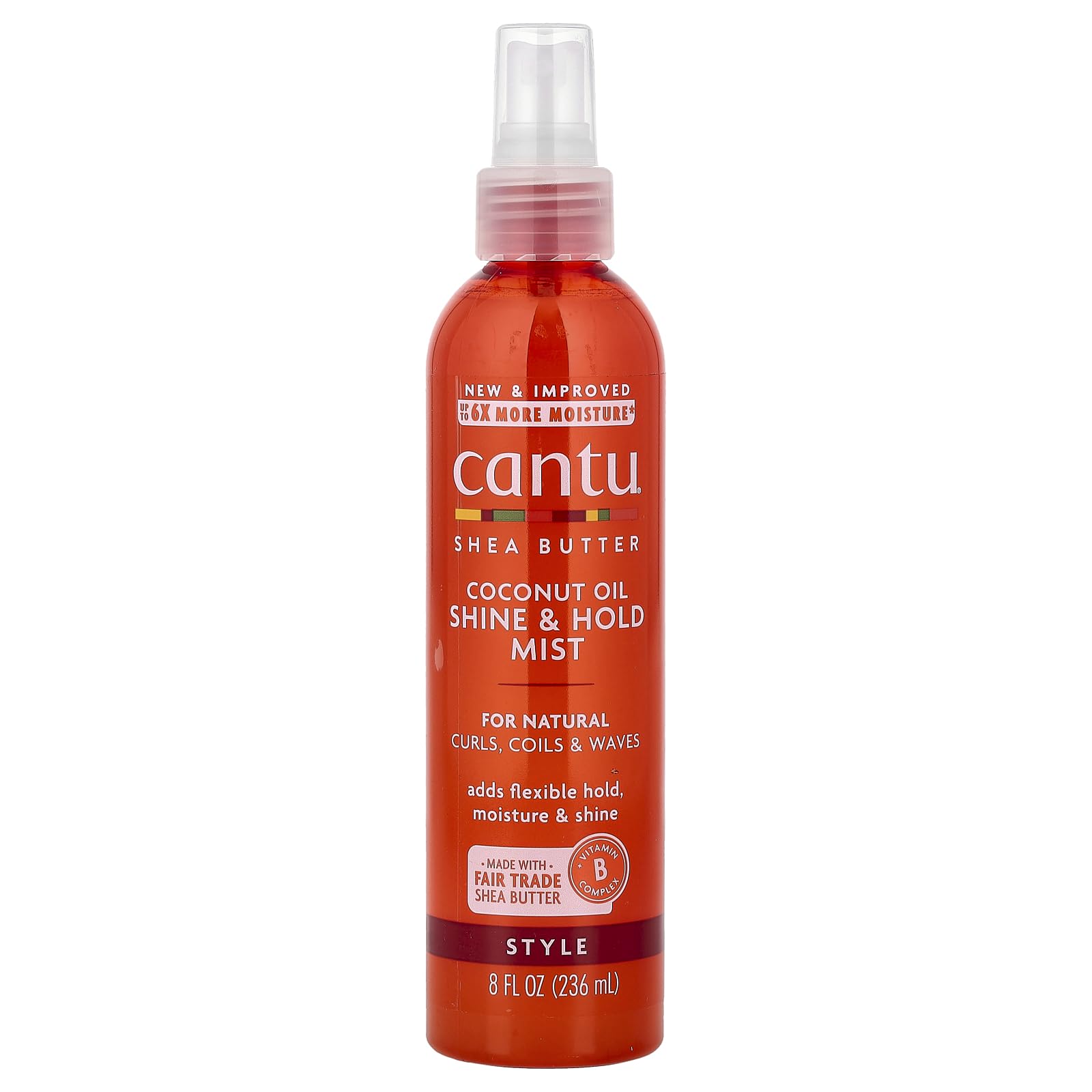 Cantu brume brillance huile coco et karité pour cheveux naturels, hydratation légère.
