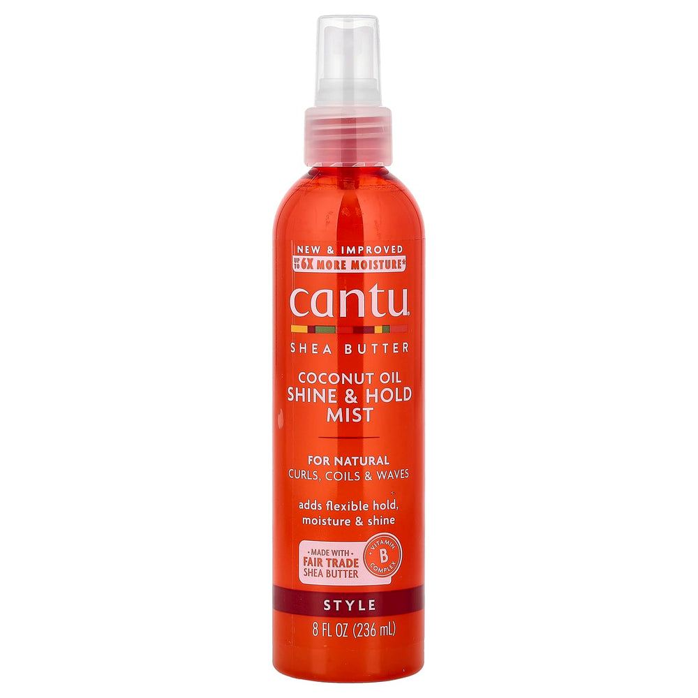 Cantu brume brillance huile coco et karité pour cheveux naturels, hydratation légère.