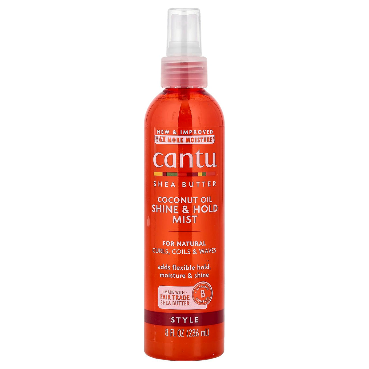 Cantu brume brillance huile coco et karité pour cheveux naturels, hydratation légère.