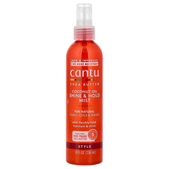Cantu brume brillance huile coco et karité pour cheveux naturels, hydratation légère.