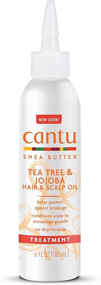 Huile Cantu bouteille arbre à thé et jojoba pour cheveux hydratés.