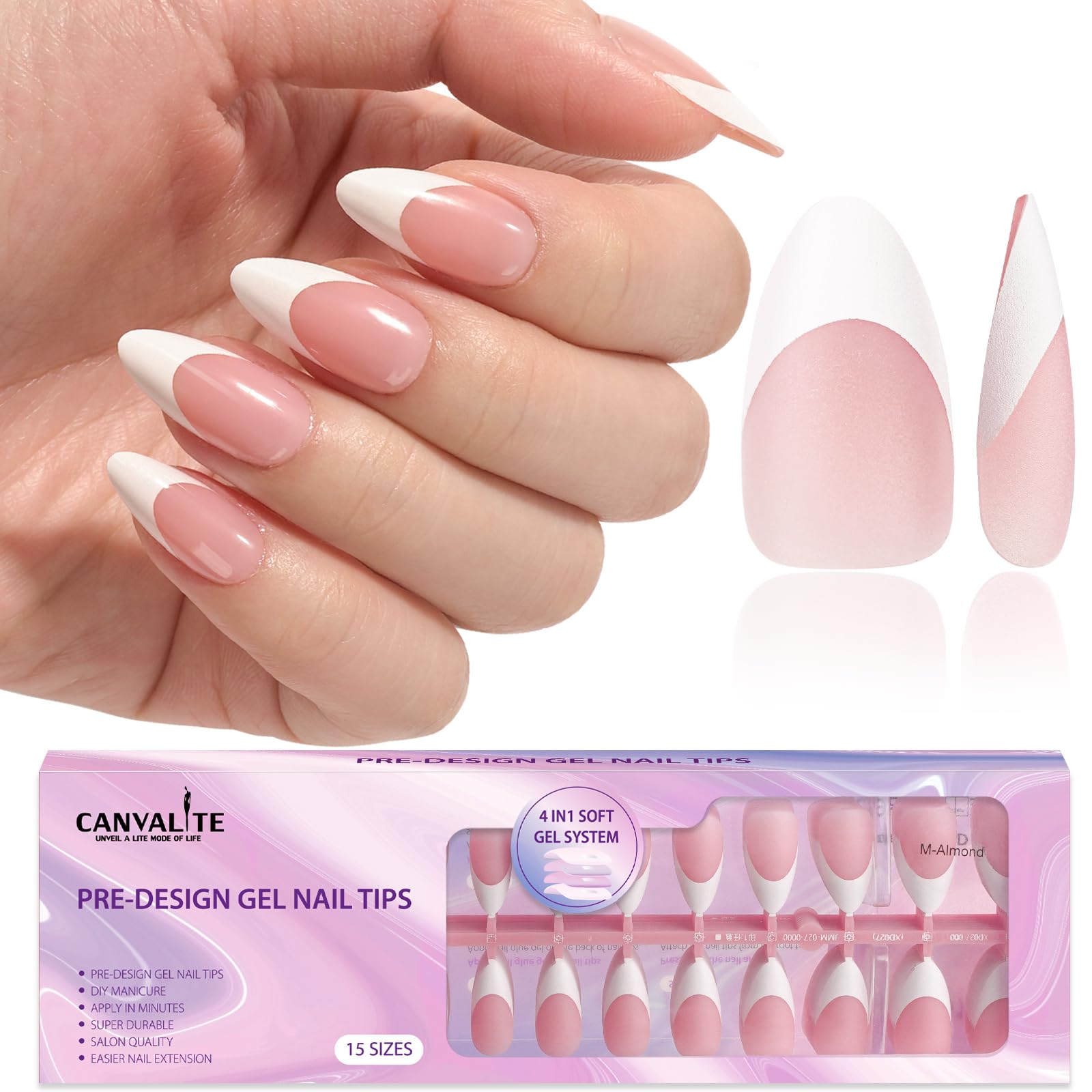 CANVALITE onglets adhésifs amande, designs variés pour une manucure rapide et élégante.