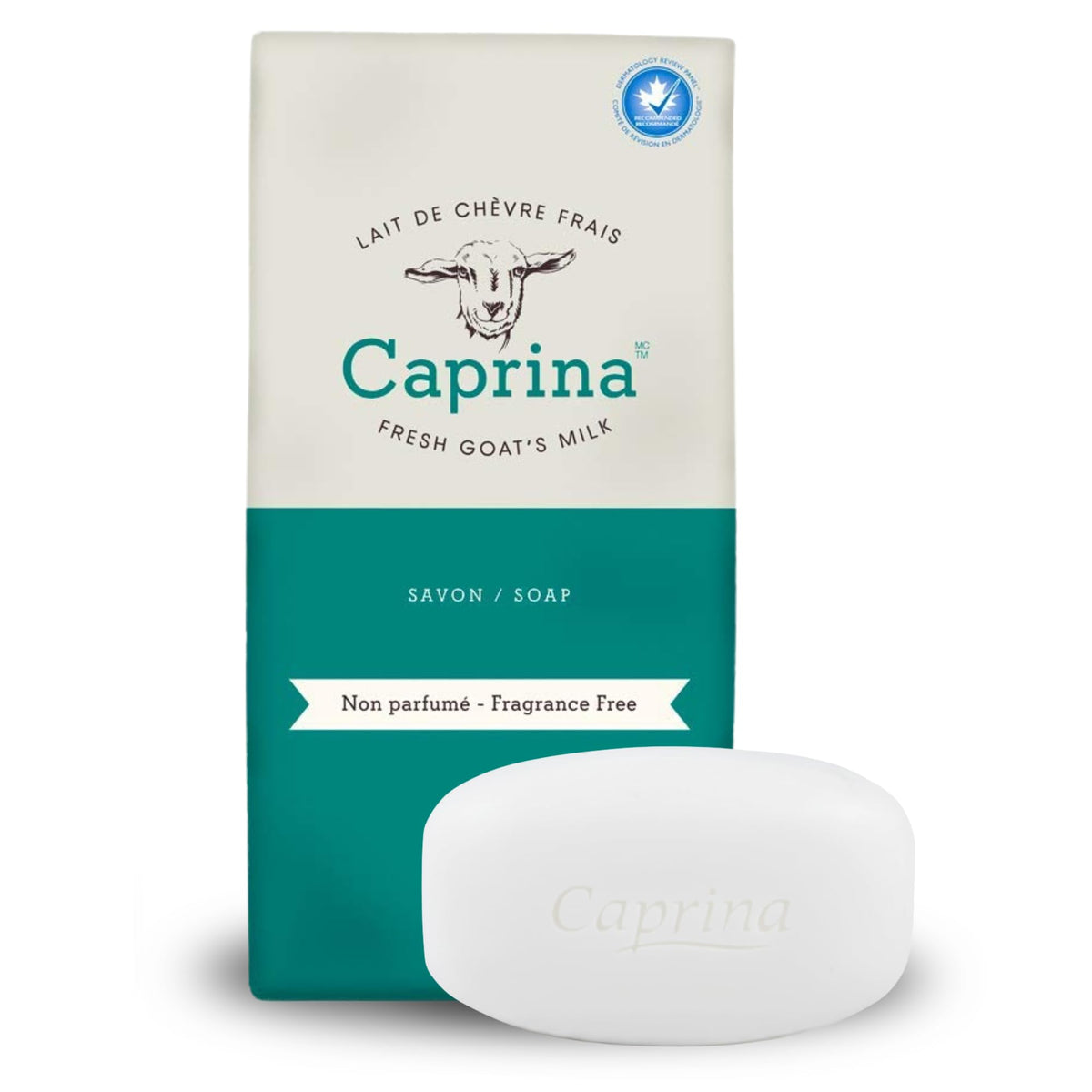 Savon Caprina sans parfum au lait de chèvre, barre, pour peaux sensibles.