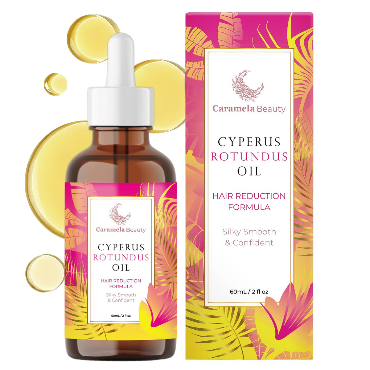 Caramela Beauty Huile Cyperus Rotundus, bouteille 60 ml; hydratation douce et soin quotidien.