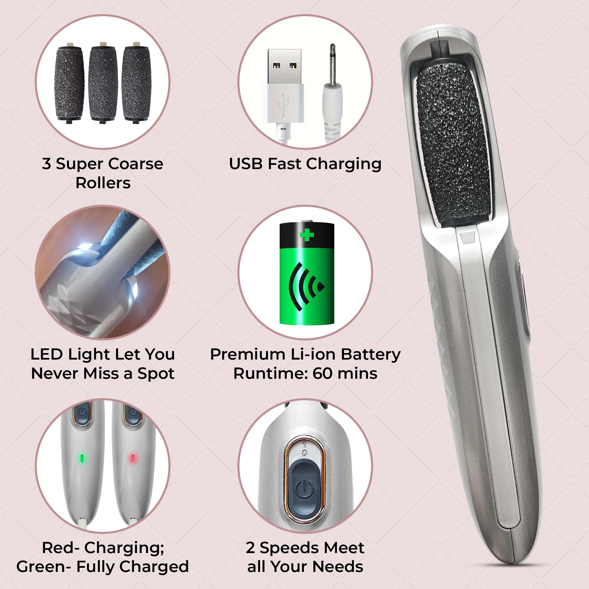 Care me pied électrique, rouleaux diamant ultra grossières pour talons épais.