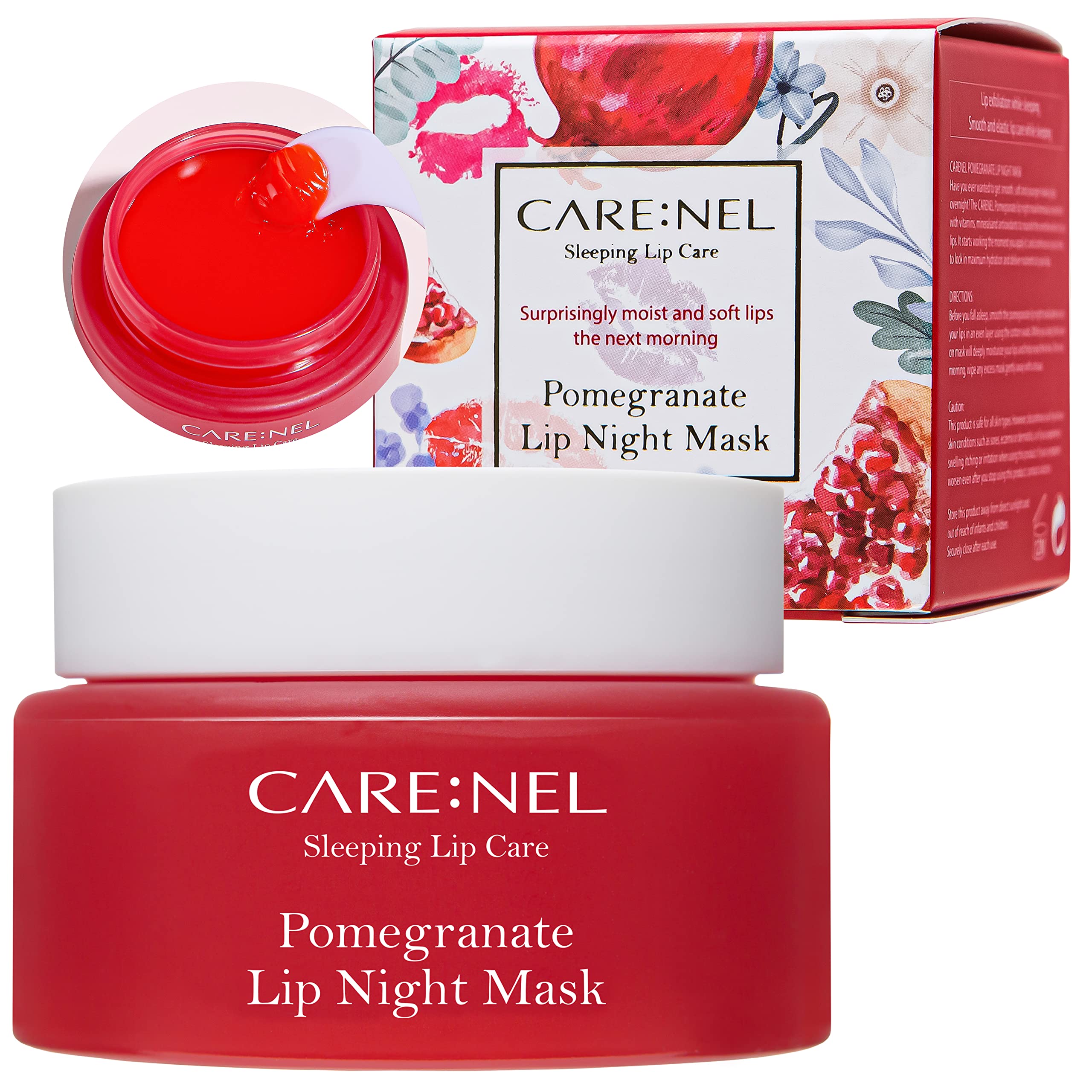 CARE:NEL masque lèvres nuit en pot, hydratation durable pour des lèvres douces au réveil.