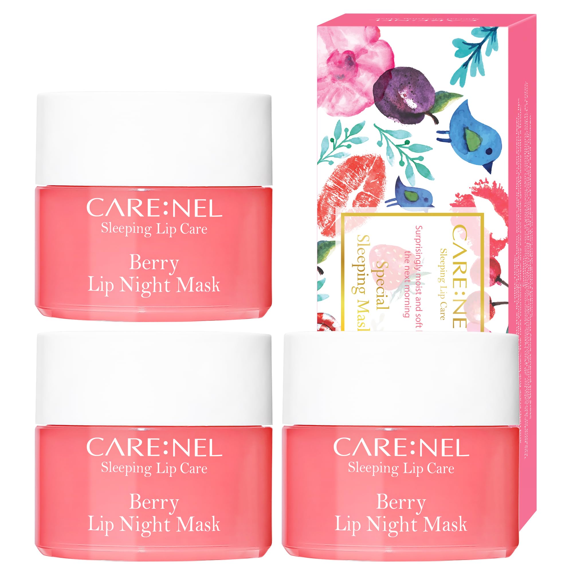 CARE:NEL Masque Nuit Lèvres Berry ensemble 3: hydratation nocturne pour lèvres douces.