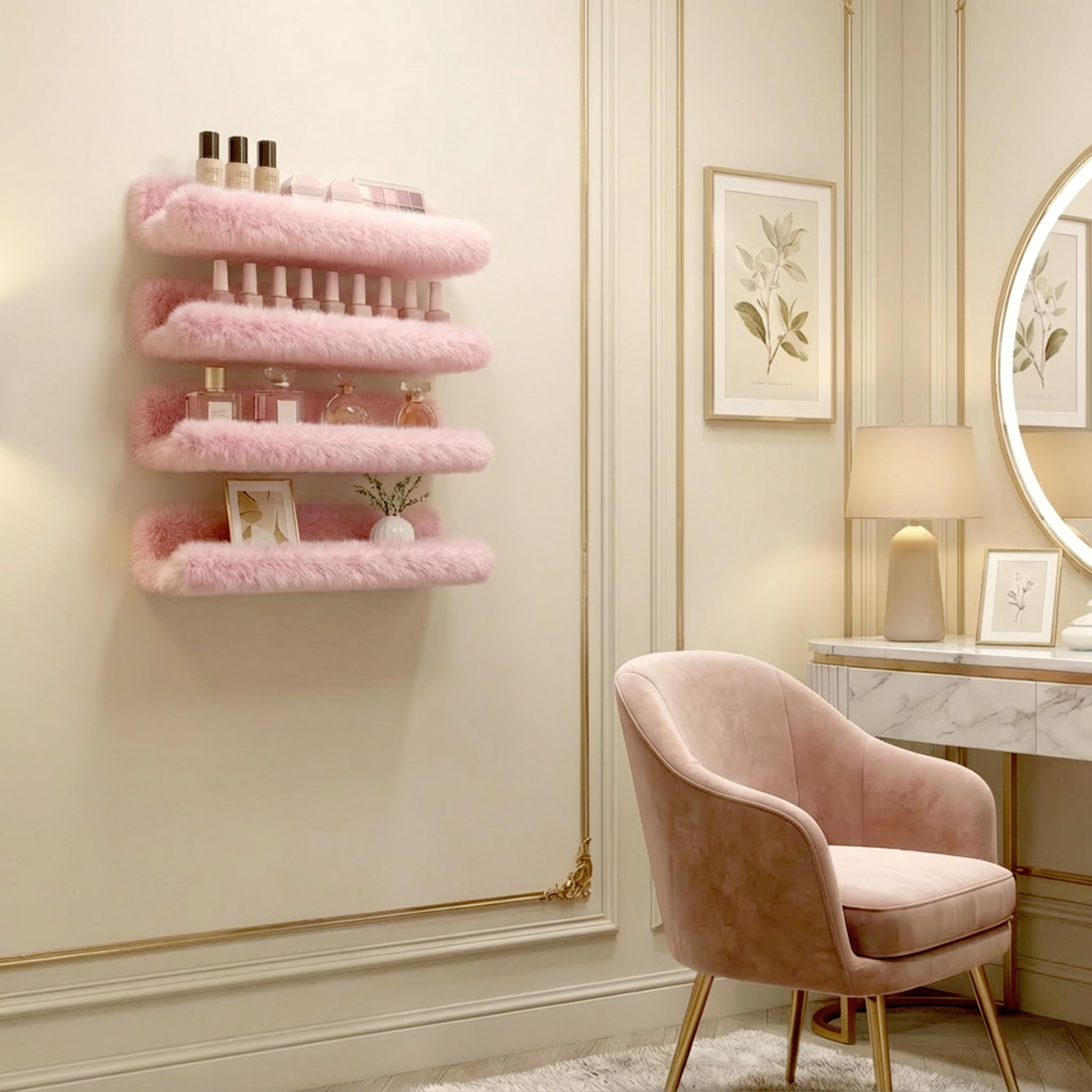 Care&More YJ chambre organisée avec étagères rose peluche.