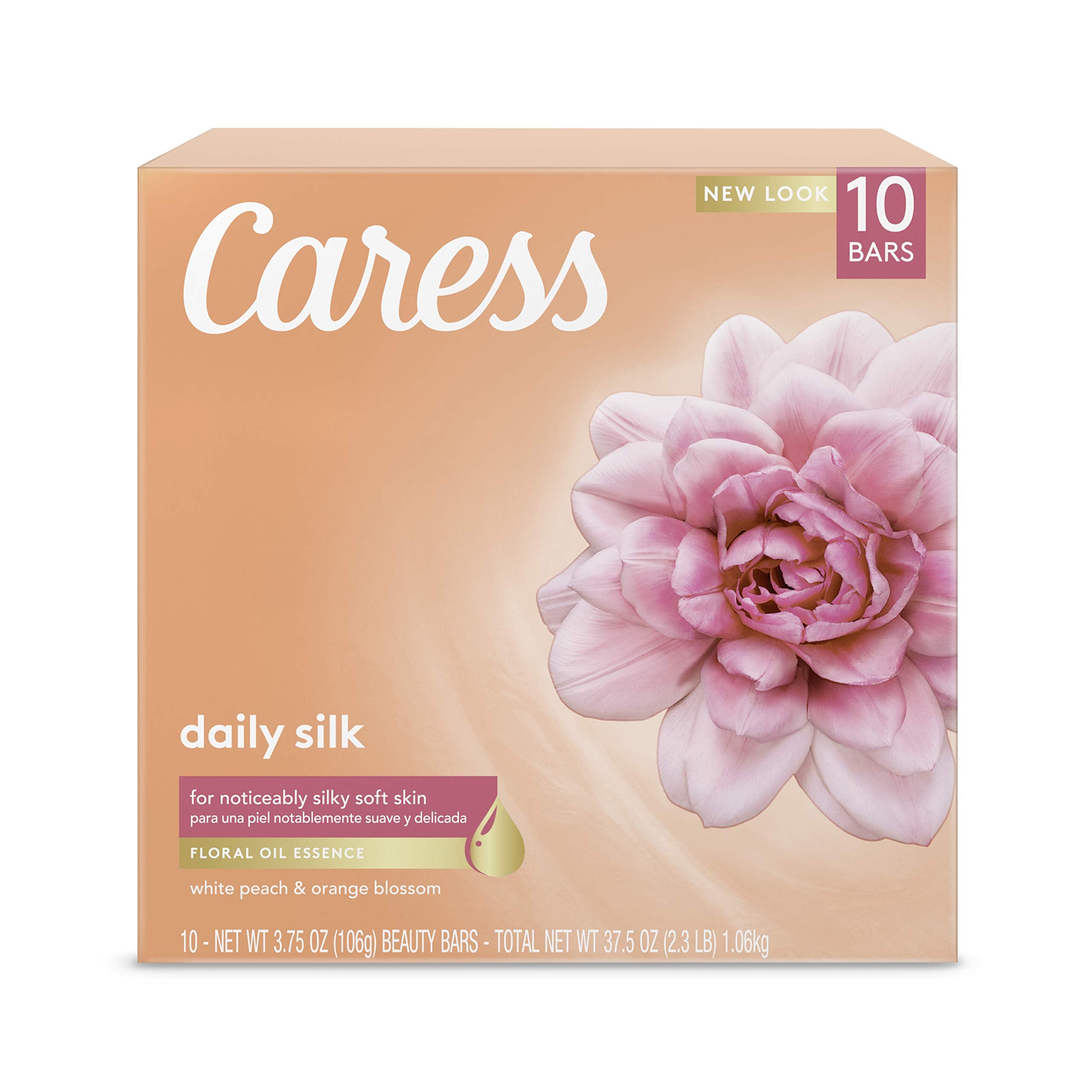 Caress Daily Silk barre beauté en douche, mousse douce et parfum pêche blanche.