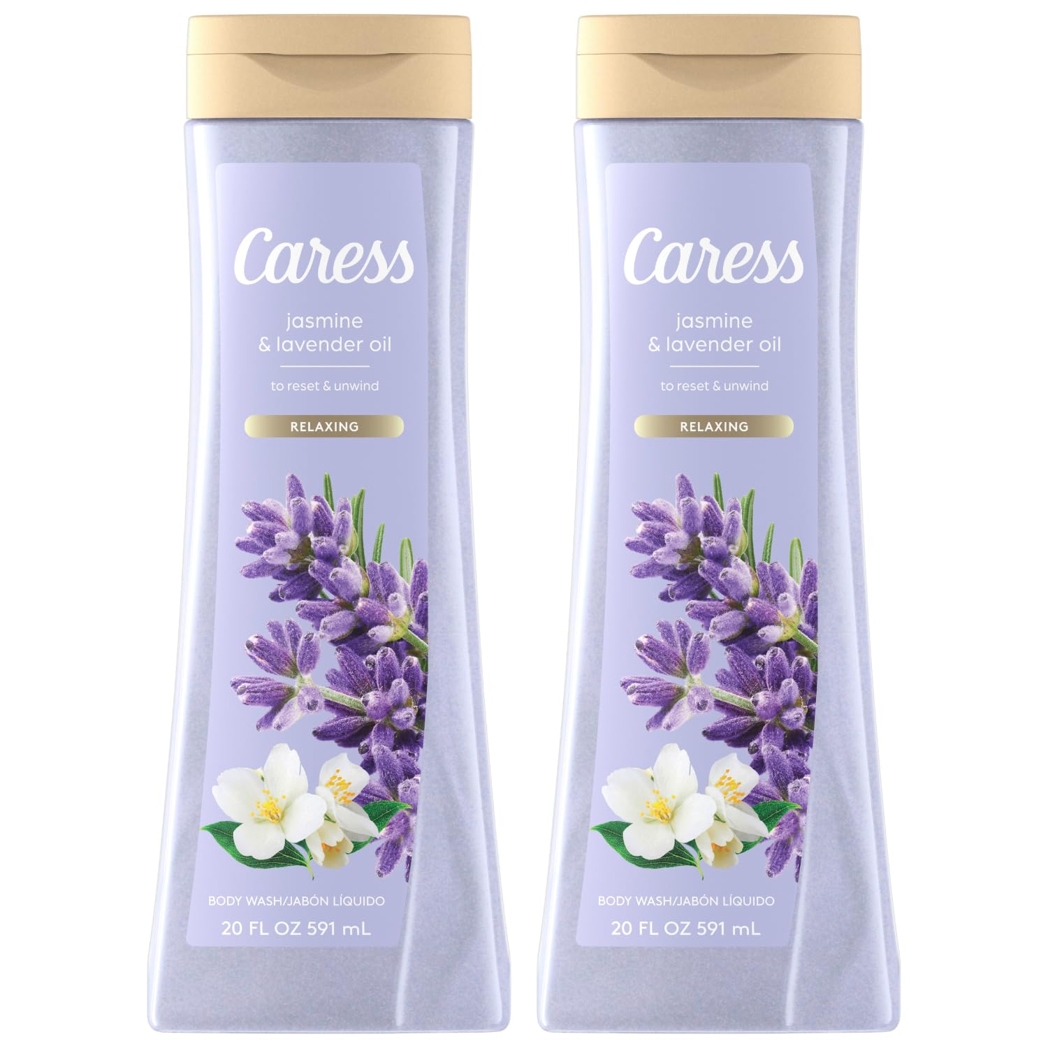 Caress gel-douche jasmin-lavande en bouteille, parfum apaisant pour la peau.
