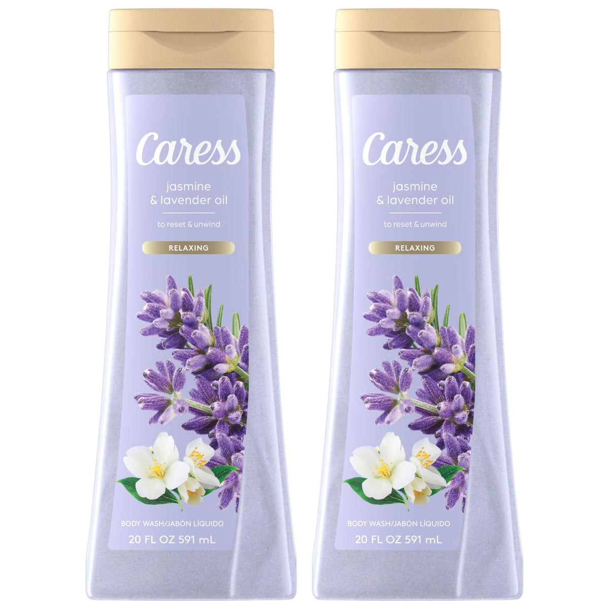 Caress gel-douche jasmin-lavande en bouteille, parfum apaisant pour la peau.