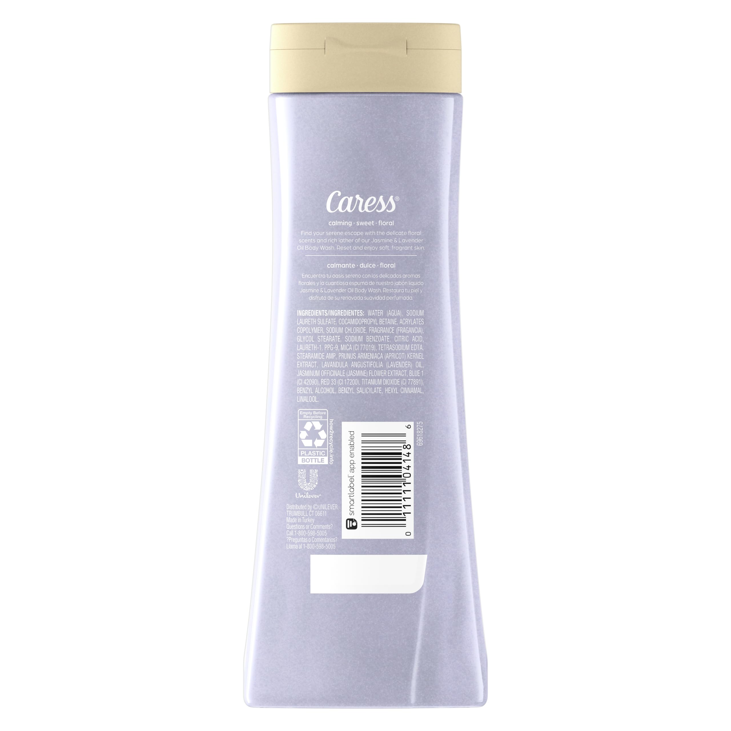 Caress gel-douche jasmin-lavande, mousse riche pour peau douce et hydratée.