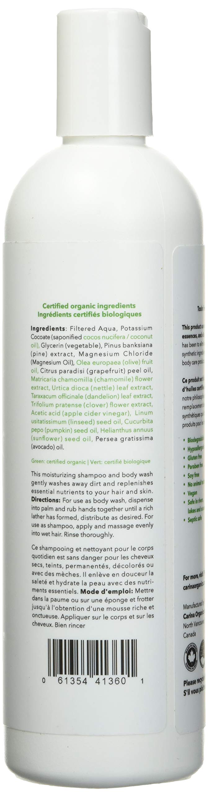 Étiquette du flacon Carina Organics – ingrédients naturels et douceur pour la peau