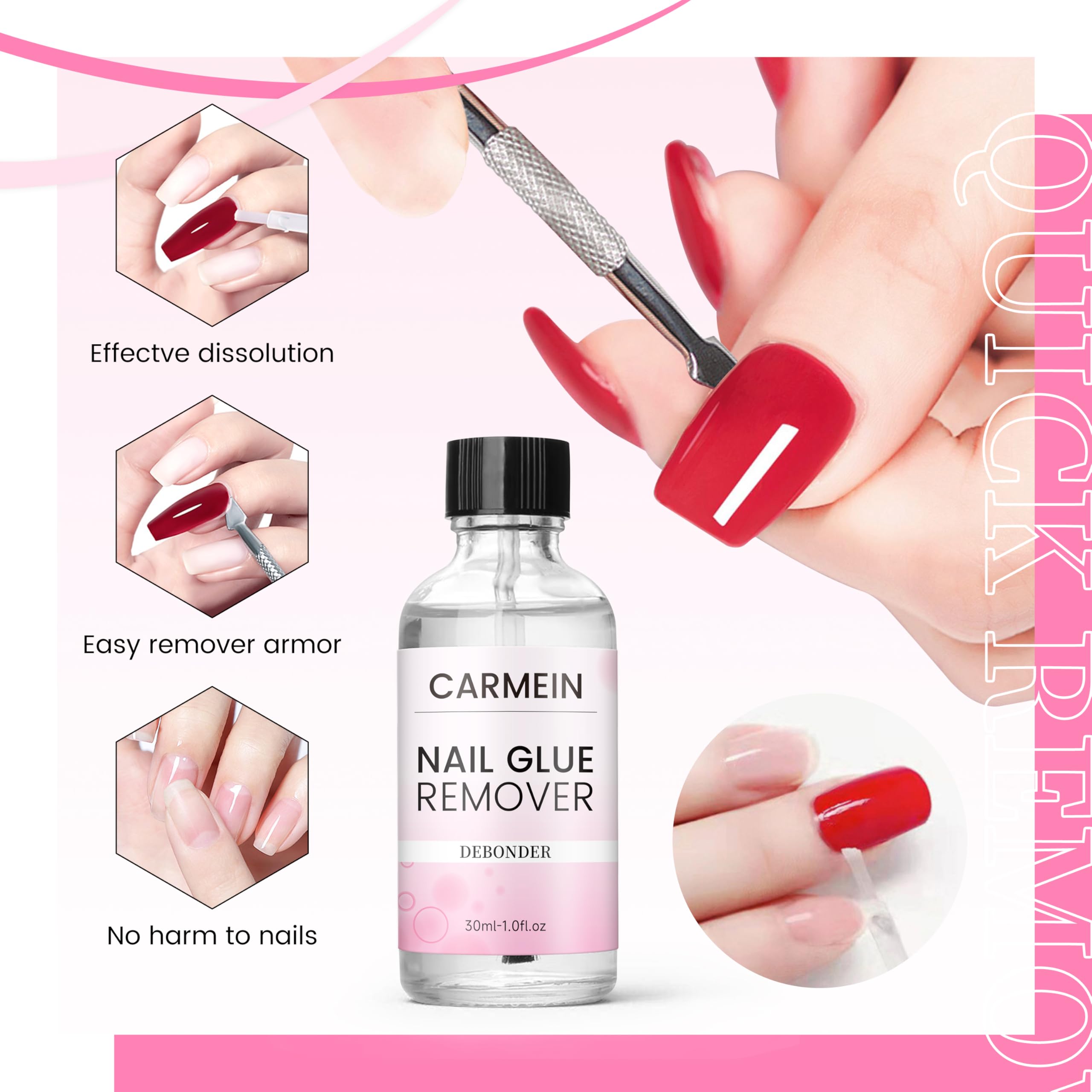 CARMEIN Dissolvant Adhésif Ongles – retire les résidus sans abîmer l’ongle naturel.