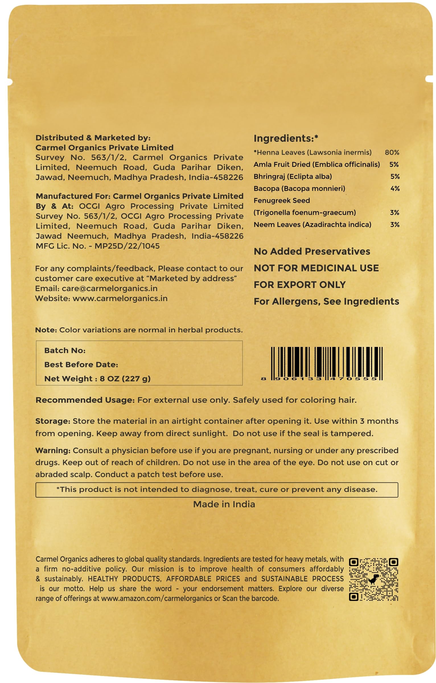 CARMEL ORGANICS pot-henne-naturel: présentation pratique et pureté du produit.