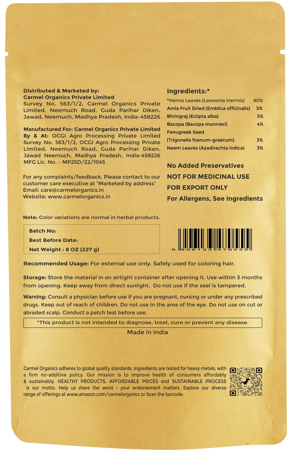 CARMEL ORGANICS pot-henne-naturel: présentation pratique et pureté du produit.