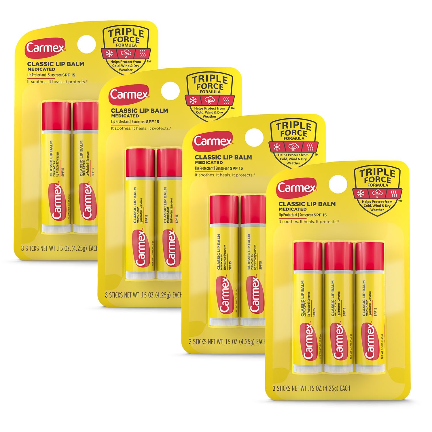 Carmex baume lèvres classique en stick, hydratation ciblée pour lèvres sèches.