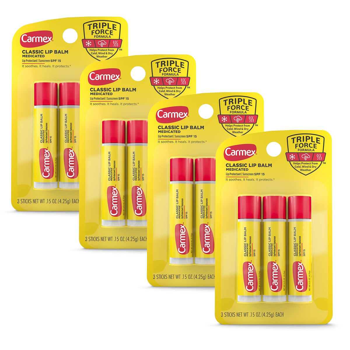 Carmex baume lèvres classique en stick, hydratation ciblée pour lèvres sèches.