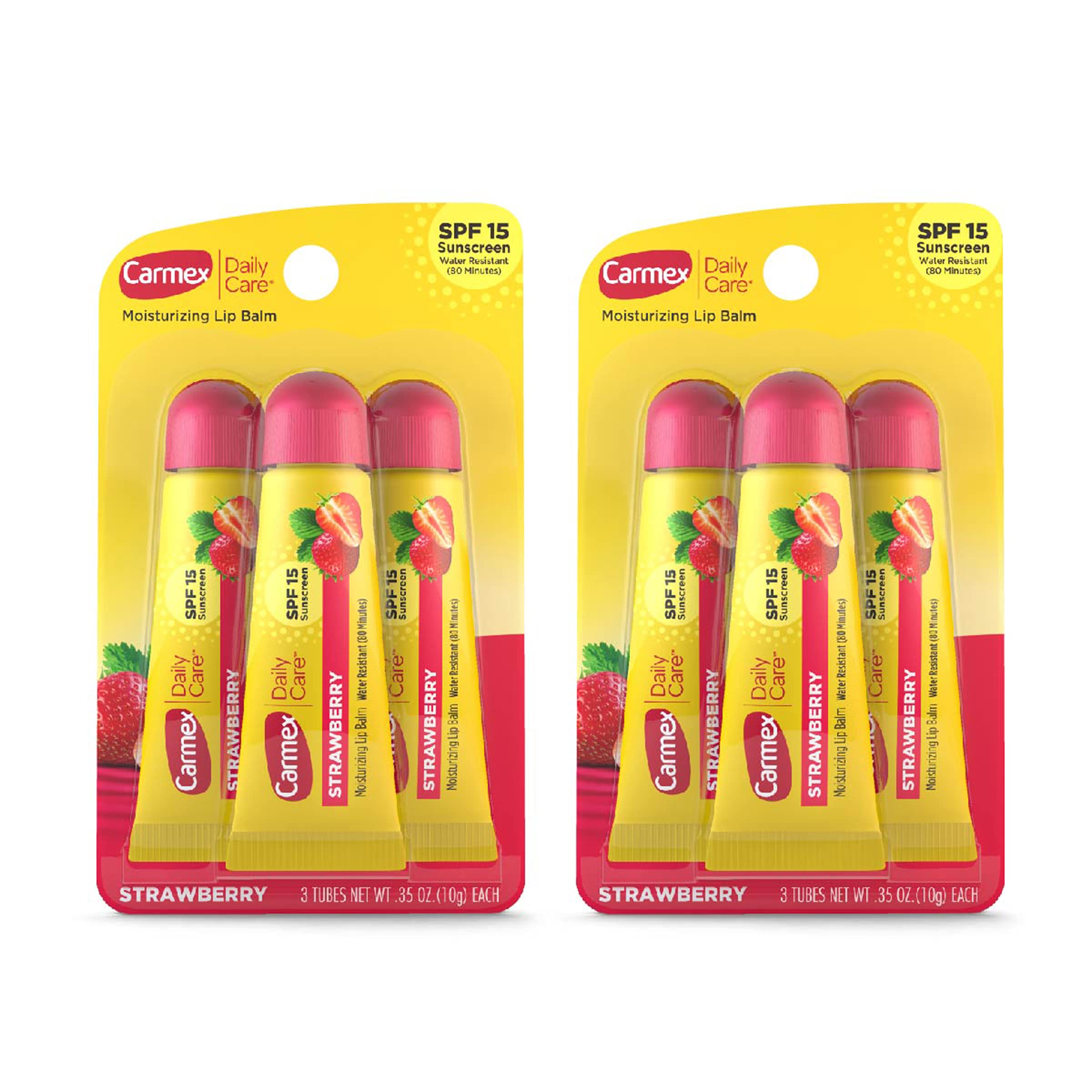 Carmex baume lèvres SPF15 fraise en tube pour hydratation quotidienne.