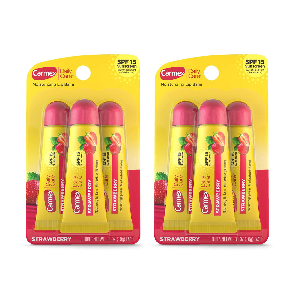 Carmex baume lèvres SPF15 fraise en tube pour hydratation quotidienne.