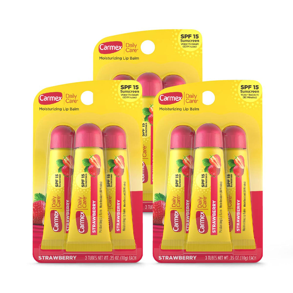 Carmex baume lèvres SPF15 fraise en tubes 3-pack offre soin quotidien et protection solaire.